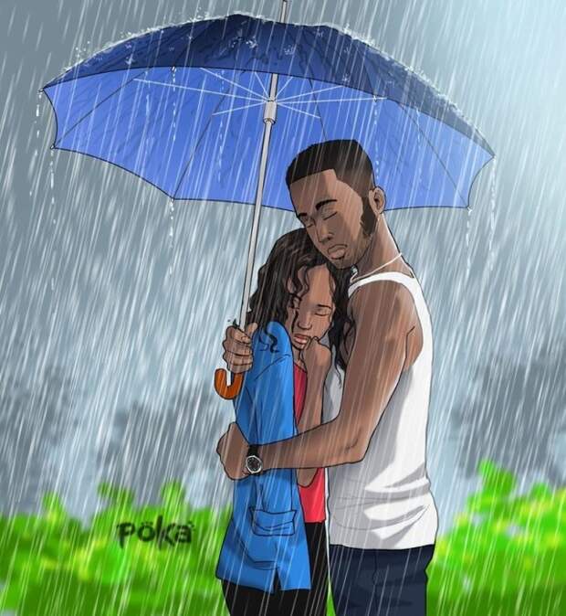 Влюблённые под дождём. Автор: Poka Arts.