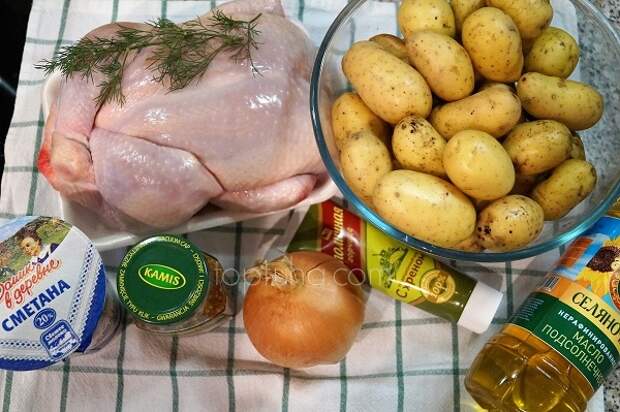 Картофель с горчицей и луком, ну и курица прицепом.