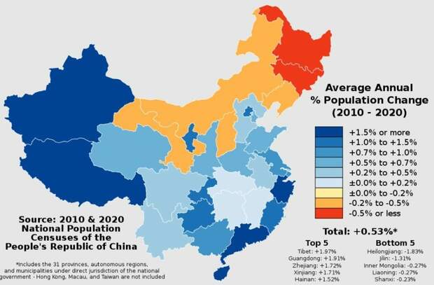 Среднегодовые темпы прироста населения в каждой китайской провинции в период с 2010 по 2020 год по данным Китайского национального статистического бюро