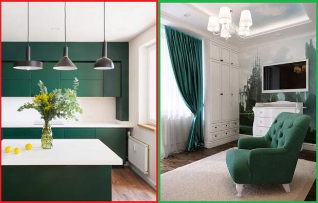 Темно-зеленый цвет отлично смотрится в классическом интерьере гостиной