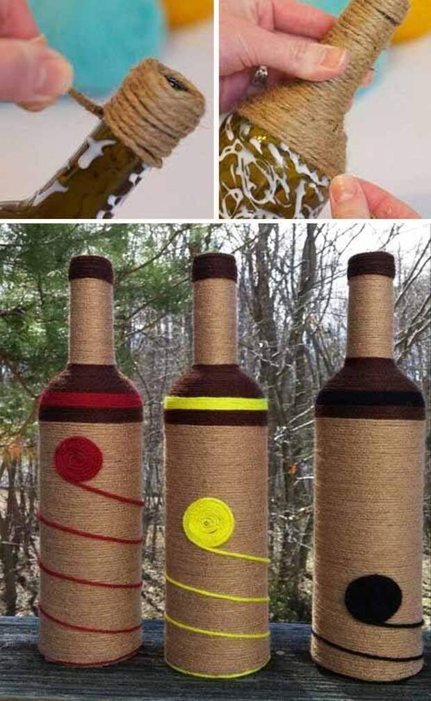 Бутылки нитками. Декор бутылок нитками. Декорирование бутылок нитками. Украшение бутылки веревкой. Бутылки декорированные нитками.