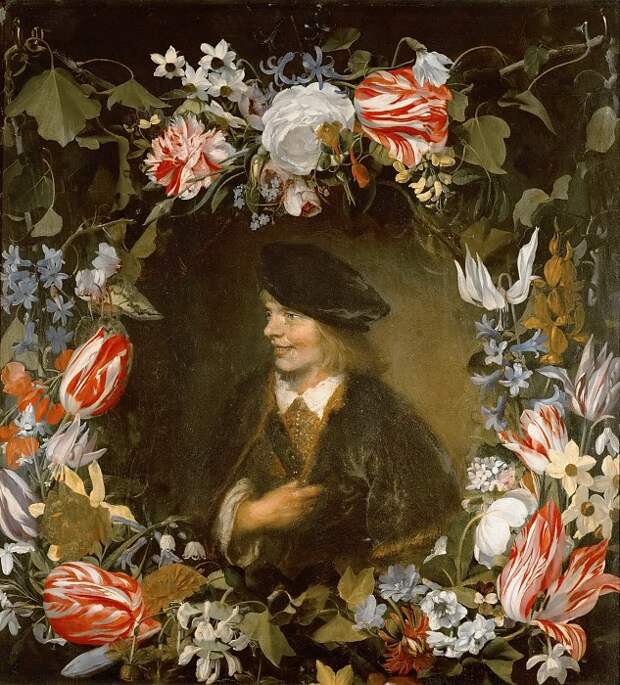 Музей истории искусств - Ян Ливенс - Мужской портрет, обрамленный цветами