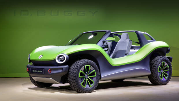 Volkswagen id buggy,Volkswagen concept. Длина концепта равна 4064 мм, ширина — 1890, высота — 1463, колёсная база — 2649, клиренс — 239 мм, шины — BFGoodrich All-Terrain T/A (спереди 255/55 R18, сзади 285/60 R18).