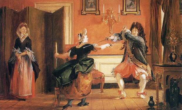 Иллюстрация к пьесе: Журден пытается показать своей служанке, как научился фехтованию.
