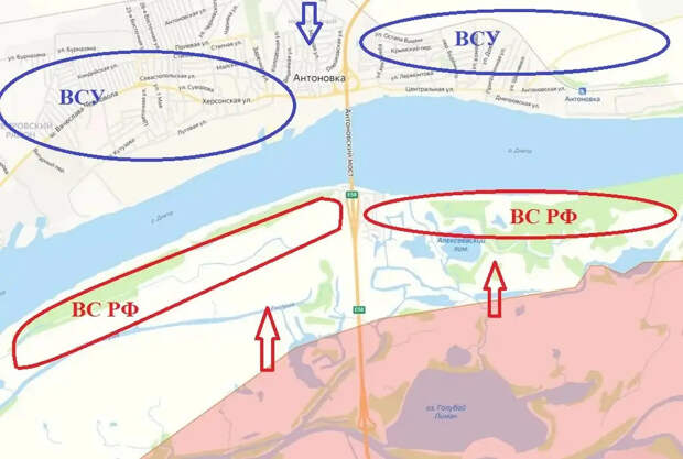 ВС РФ прорвали оборону ВСУ на островах в нижнем течении реки Днепр и закрепились на дачах у Антоновского моста под Херсоном