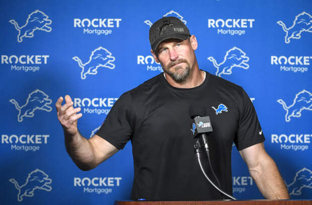 ALLEN PARK, MICHIGAN - JULY 28: Detroit Lions head football coach Dan Campbell speaks with the media before the Detroit Lions Training Camp on July 28, 2021 in Allen Park, Michigan. (Photo by Nic Antaya/Getty Images)