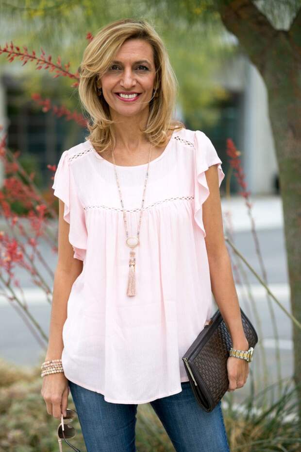 Rose Quartz Blouse With Lace Trim