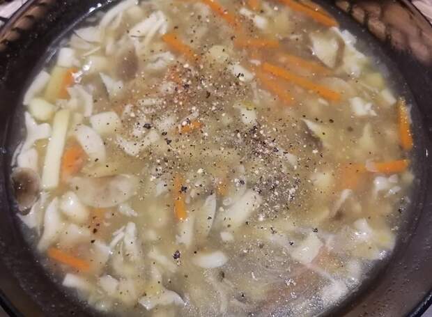 Суп из гигрофоров поздних, сдобренный свежесмолотым чёрным перцем. Фото автора
