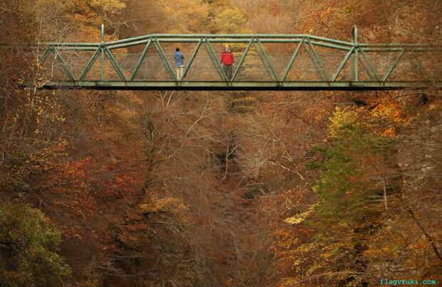 Туристы останавливаются на железном мосту через реку Гарри, чтобы полюбоваться осенним пейзажем на окраине шотландского посёлка Килликрэнки.