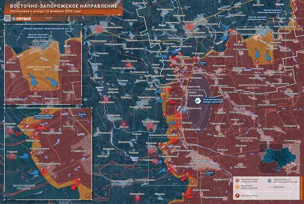 Карта СВО 16 февраля 2026 года. Запорожское направление.