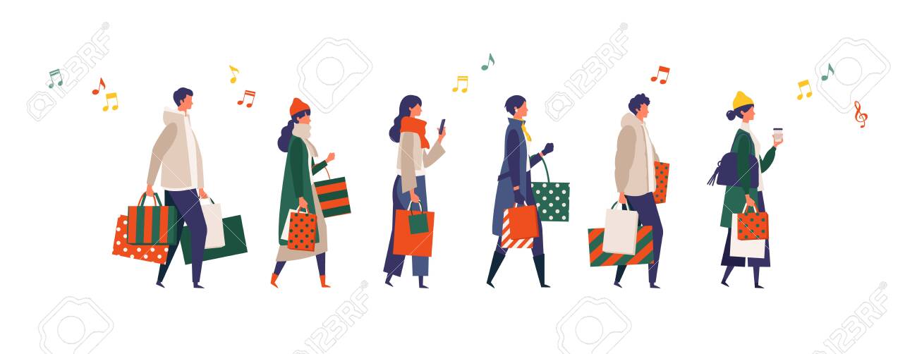 Some people carrying shopping bags at Christmas. Man and woman taking part in seasonal sale at store, shop, mall. Flat cartoon colorful vector illustration. - 154187385