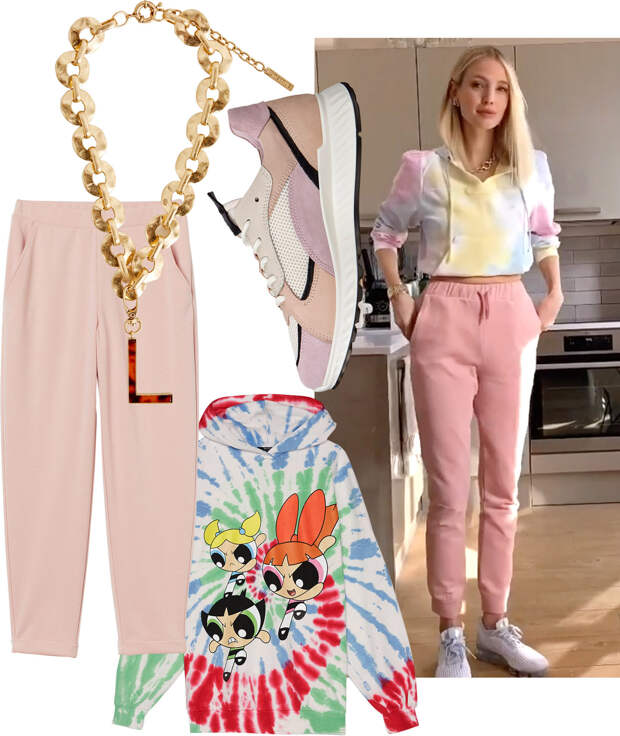 Толстовка, 2999 руб., Bershka; брюки, 1599 руб., H&M; ожерелье, 6990 руб., Uterque; кроссовки, 12 990 руб., Ecco.