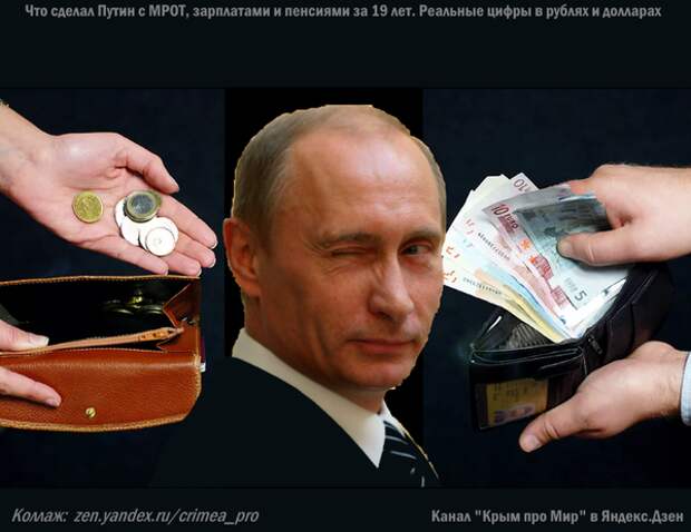 Что сделал Путин с МРОТ, зарплатами и пенсиями за 19 лет. Реальные цифры в рублях и долларах