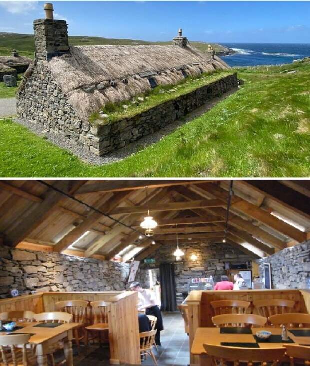 На территории атмосферного эко-курорта имеется кафе, где подают традиционные блюда местной кухни (Gearrannan Blackhouse Village, Шотландия).