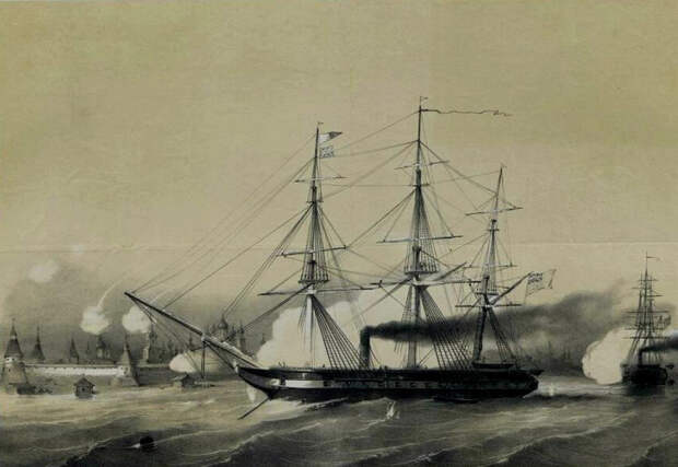 Заглавная иллюстрация. Бомбардирование Соловецкого монастыря двумя английскими пароходофрегатами на картине А.Э.Мюнстера