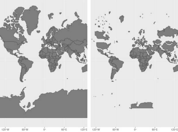 Слева карта мира в проекции Меркатора, справа с корректировкой площадей до реальных соотношений.