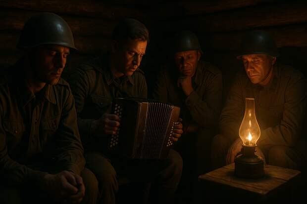 Фронт, 1942 год. Ночь, землянка из брёвен. Внутри тускло горит керосиновая лампа. Советские солдаты сидят на нарах и скамьях, один играет на гармошке. Остальные слушают молча, кто-то прикрыл глаза, кто-то смотрит в огонь.