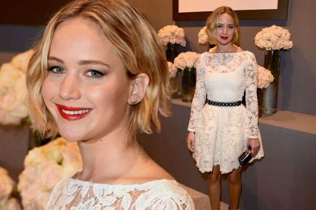 Jennifer Lawrence wavy square hair with sublime dress Oscar de la Renta Spring 2015