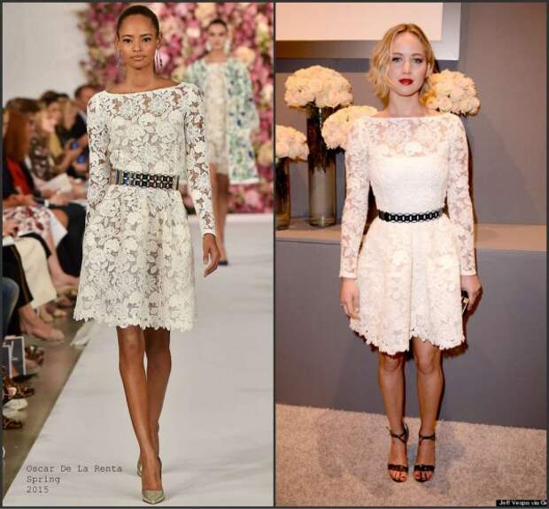 Jennifer Lawrence sublime dress decorated with lace and accessorized with a belt at the waist-