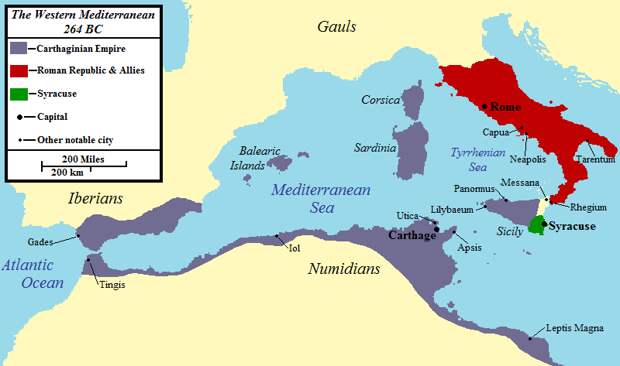 Карта Западного Средиземноморья накануне Первой Пунической войны.