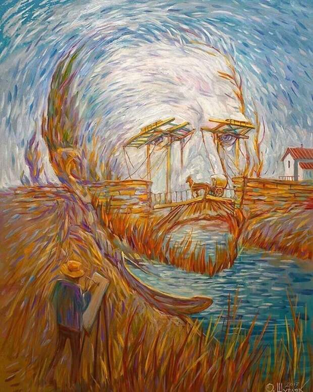 Винсент ван Гог «Мост Англуа в Арли»     Олег Шупляк, картина, оптическая иллюзия, рисунок, фото, художник