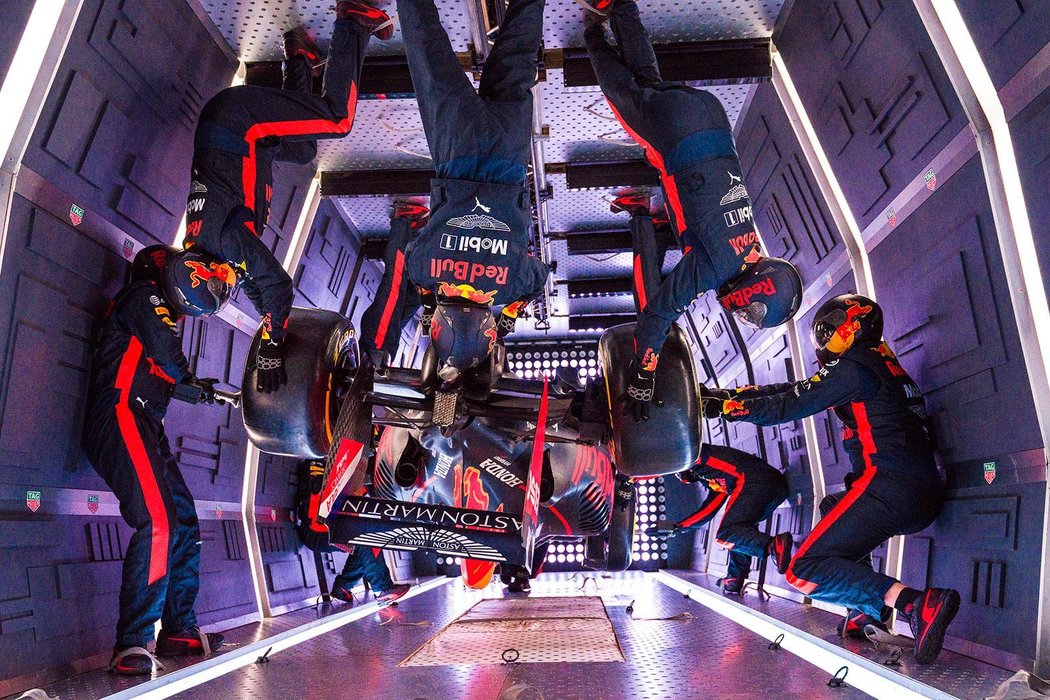 We're not sure this will catch on Aston Martin Red Bull Racing’s mechanics pictured performing the Zero-G pit stop aboard an aircraft in Russia.