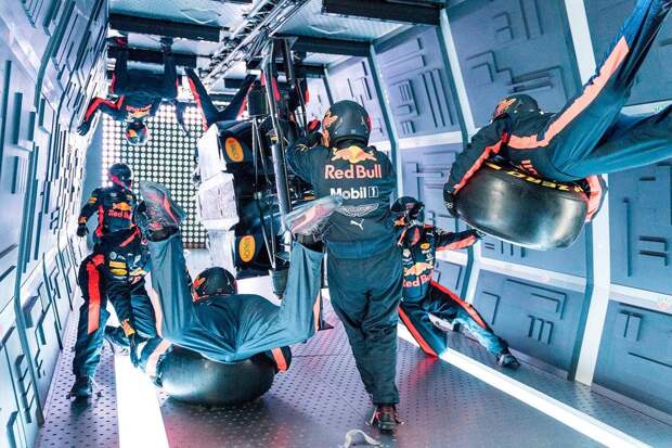 Some coordination is required attempting a pit stop when weightless Aston Martin Red Bull Racing’s mechanics pictured performing the Zero-G pit stop aboard an aircraft in Russia.