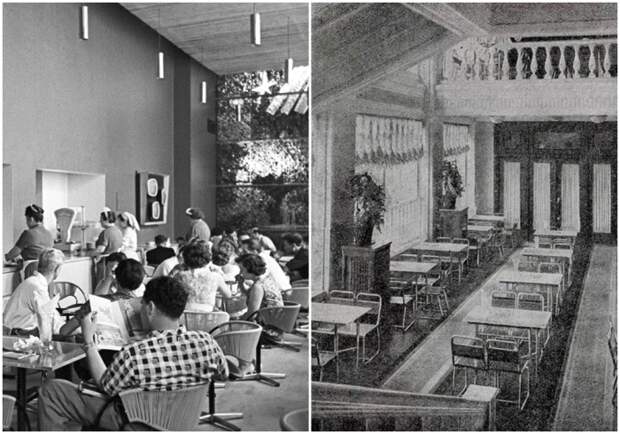Слева направо: Кафетерий «Космос». \ Жилой корпус «А», Кафе-магазин мороженого.