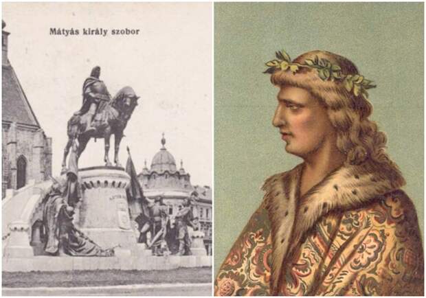Слева направо: Памятник королю Венгрии Матьяшу I в г. Коложваре (ныне Клуж-Напока, 1900 год), скульптор Я. Фадруж. \ Матьяш Хуньяди.