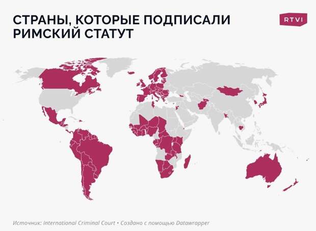 Согласно международному обязательству, после выдачи ордера на Путина его должны арестовать и передать МУС в любой из 123 стран, ратифицировавших Римский статус (выделено красным).