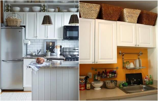 Над шкафчиками можно хранить посуду или корзины с кухонными принадлежностями