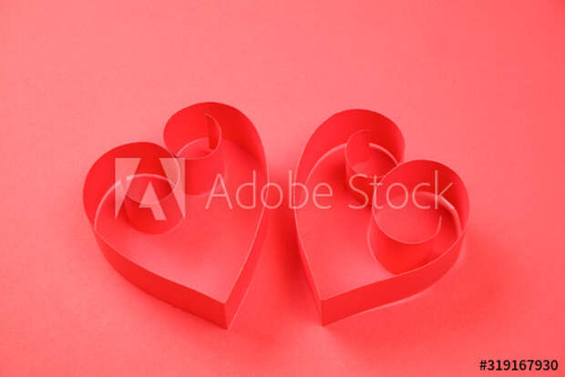 Pair of red paper hearts on red background. Good love, valentines day, womens day banner, offer, card, invitation, flyer, poster template.