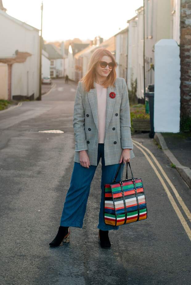 The Prince of Wales check blazer trend, AW17: A Glen plaid blazer jacket styled with wide leg jeans, black ankle boots and a stripe Mango shopper bag | Not Dressed As Lamb, fashion for over 40 women