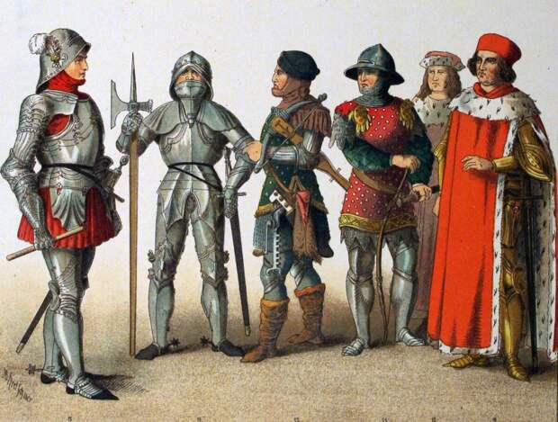 Рыцари, арбалетчик, стрелок с луком и принцы в конце XV века. Художник: Albert Kretschmer