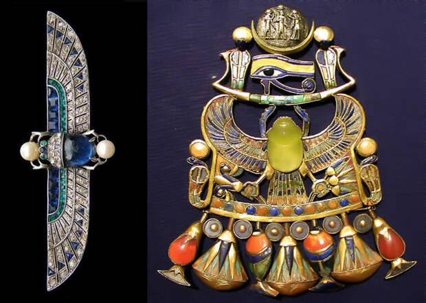 Украшение стиля ар деко и древнеегипетское украшение со скарабеем.