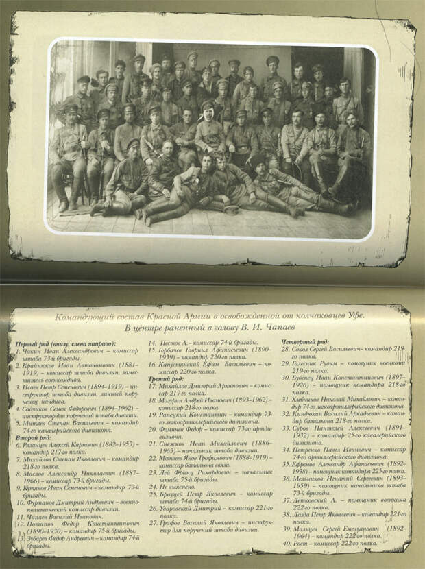 Командующий состав Красной Армии в освобождённой от колчаковцев Уфе. В центре раненный в голову В.И. Чапаев.