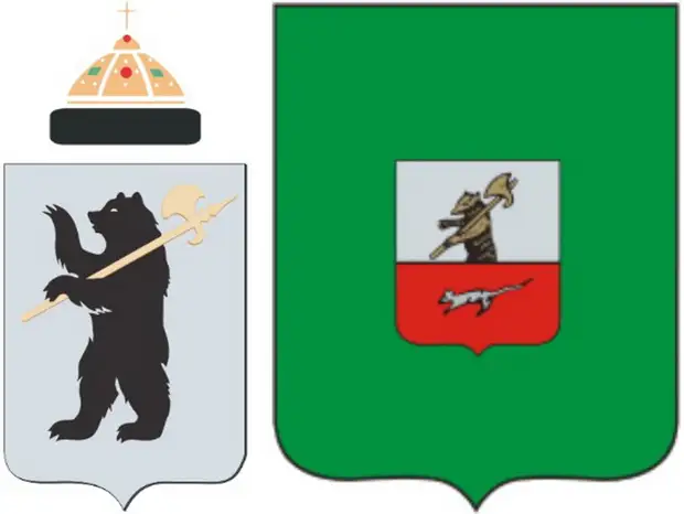 Слева - герб Ярославля, справа - герб города Мышкина Ярославской области. Источник: wikipedia.org