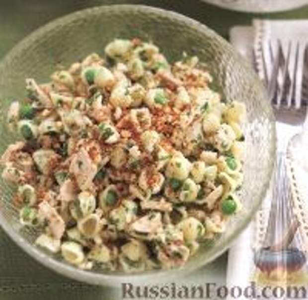 Фото к рецепту: Салат из макарон с тунцом и горошком