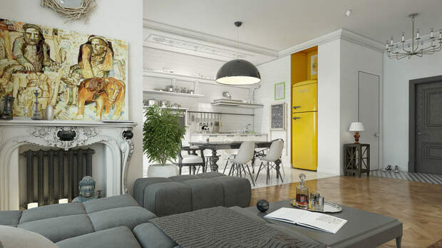 Жёлтый холодильник на кухне квартиры в стиле китч