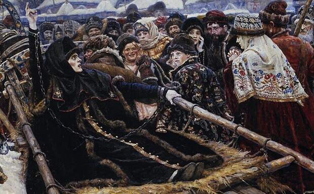 Вот, зацените поближе. Бледная боярыня и фирменные два пальца (так крестились до реформ Никона), а еще гамма эмоций в толпе: