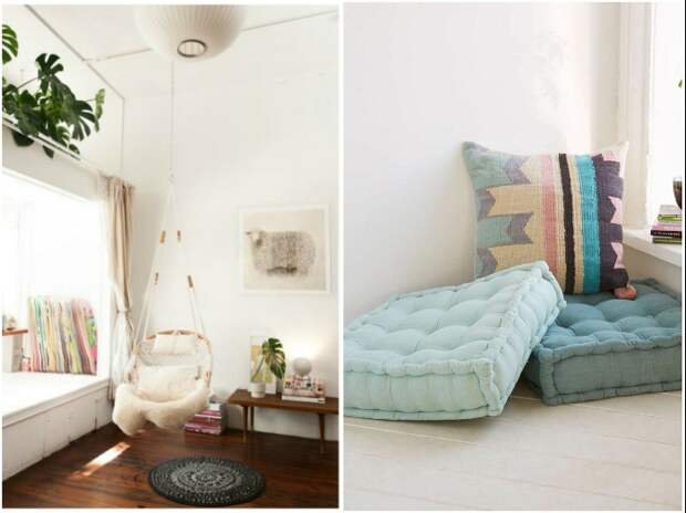 Подвесное кресло или мягкие напольные подушки помогут организовать уютный уголок для отдыха. | Фото: ratatum.com/ miodimore.ru.