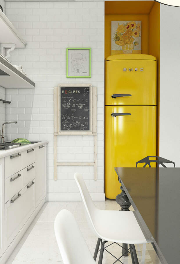 Встроенный холодильник жёлтого цвета квартиры в стиле китч