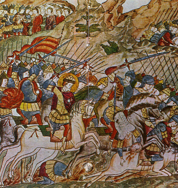 Фрагмент изображения Куликовской битвы на иконе - найдите "монголов" Мамая