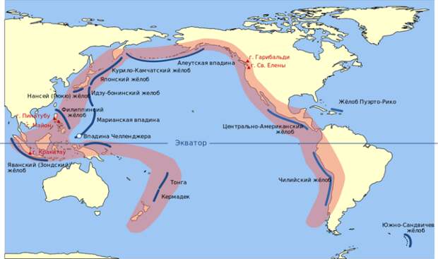 Карта Тихоокеанского вулканического огненного кольца. /Фото: vokrugsveta.ru