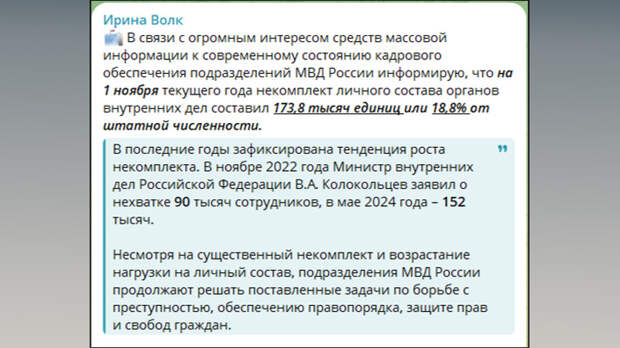 Кто же пресекает преступления, если работать некому?//Скриншот поста из ТГ-канала Ирины Волк