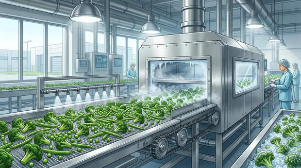 Быстрая заморозка овощей на производстве сохраняет максимум питательных веществ. Фото.