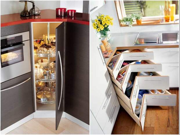 Угловые тумбы в кухонных гарнитурах с выдвижными системами задействуют каждый сантиметр и упростят пользование. | Фото: demidov-art.ru/ yandex.ru.