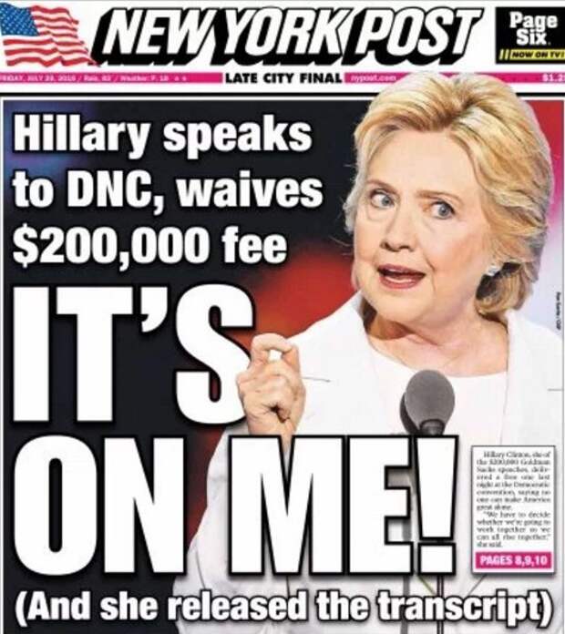 NY Post cover Clinton speech