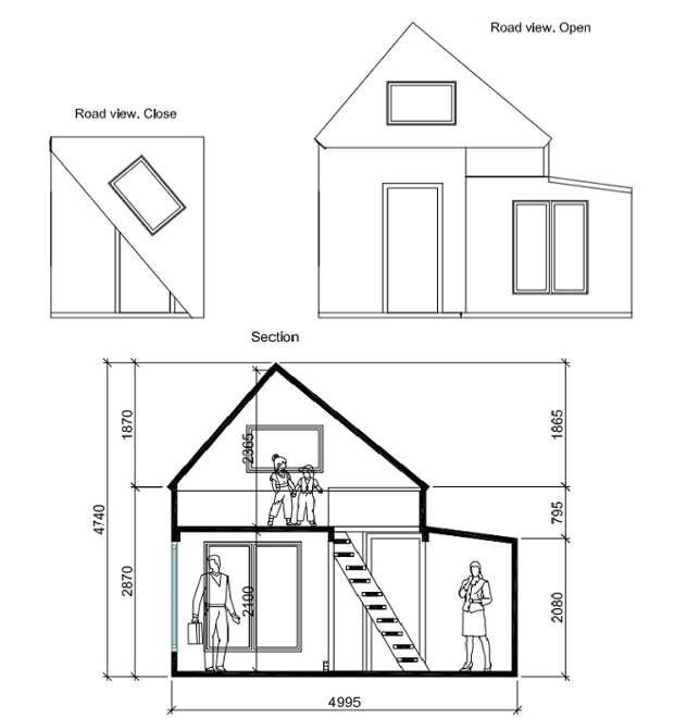 Схема-чертеж фантастической трансформации эко-домика (проект Brette Haus).