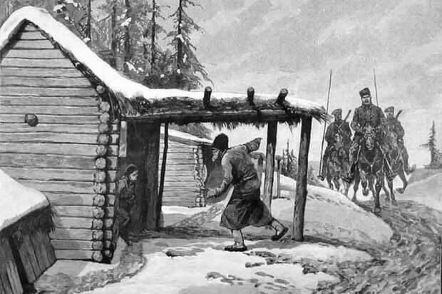 Урядник с казаками въезжают в деревню в поисках спрятанного зерна. Фото: репродукция/Родина